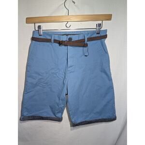 Primark Denim Co Mens Belted Chino Straight Shorts 30W Blue Rolled Hem Preppy